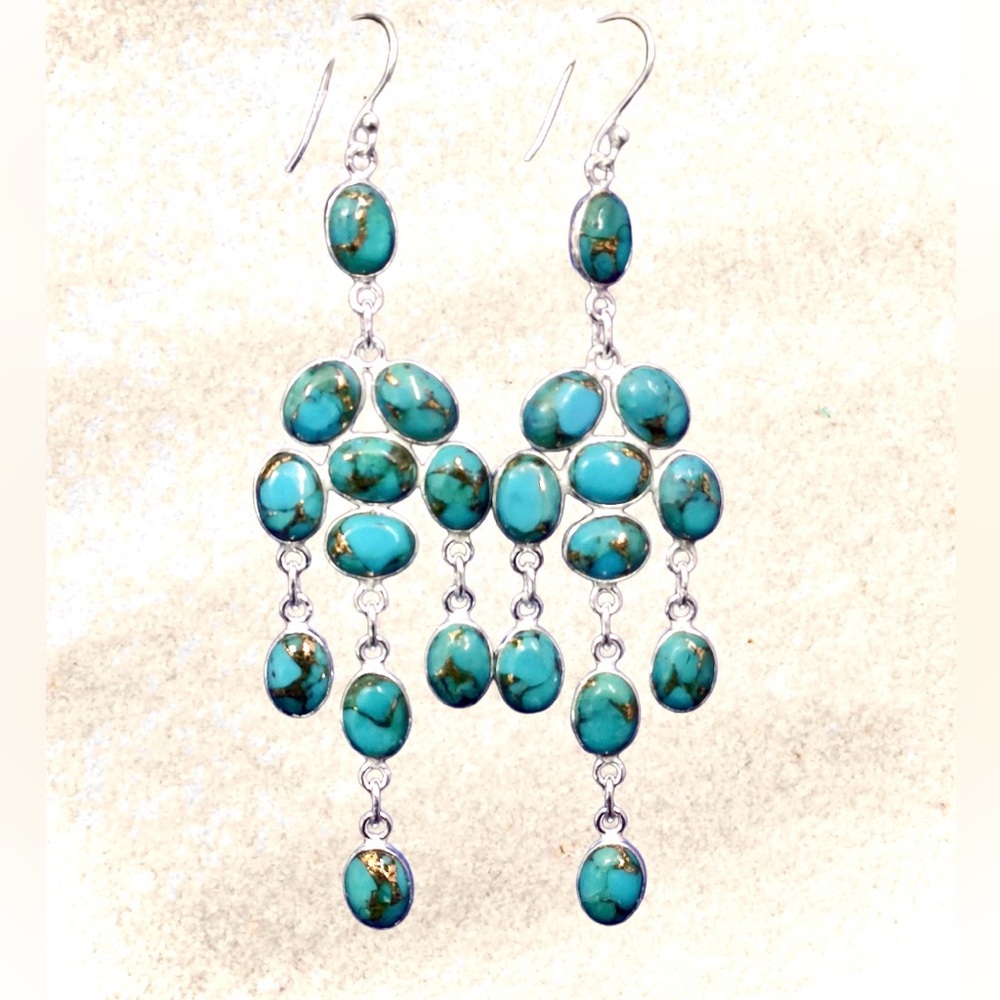 NWT Genuine Turquoise & 925 Sterling Silver Chandelier Dangle Earrings - Picture 5 of 5